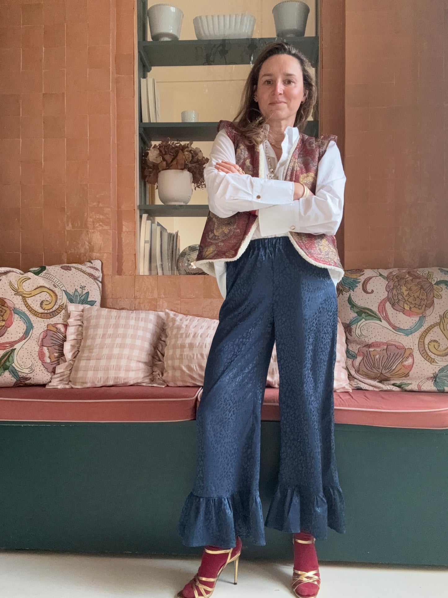 Pantalon satiné Léopard Bleu Nuit