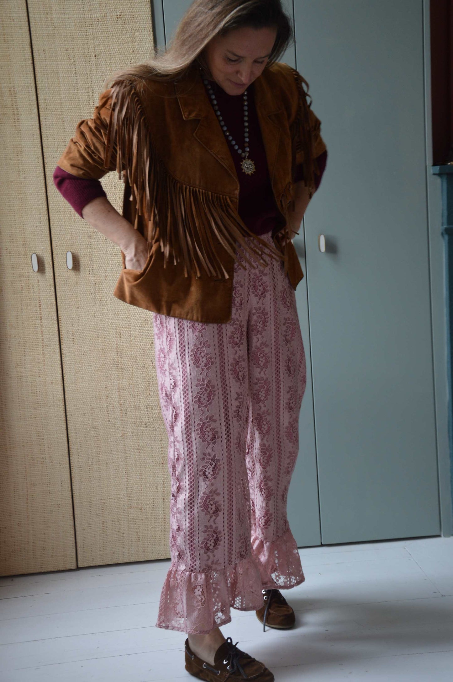 Pantalon Jeu de dentelle rose poudré