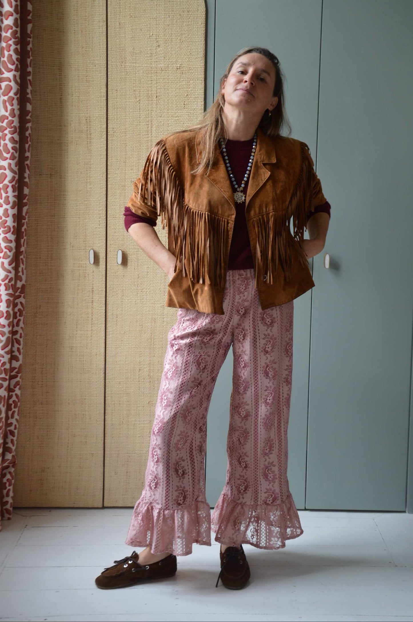 Pantalon Jeu de dentelle rose poudré