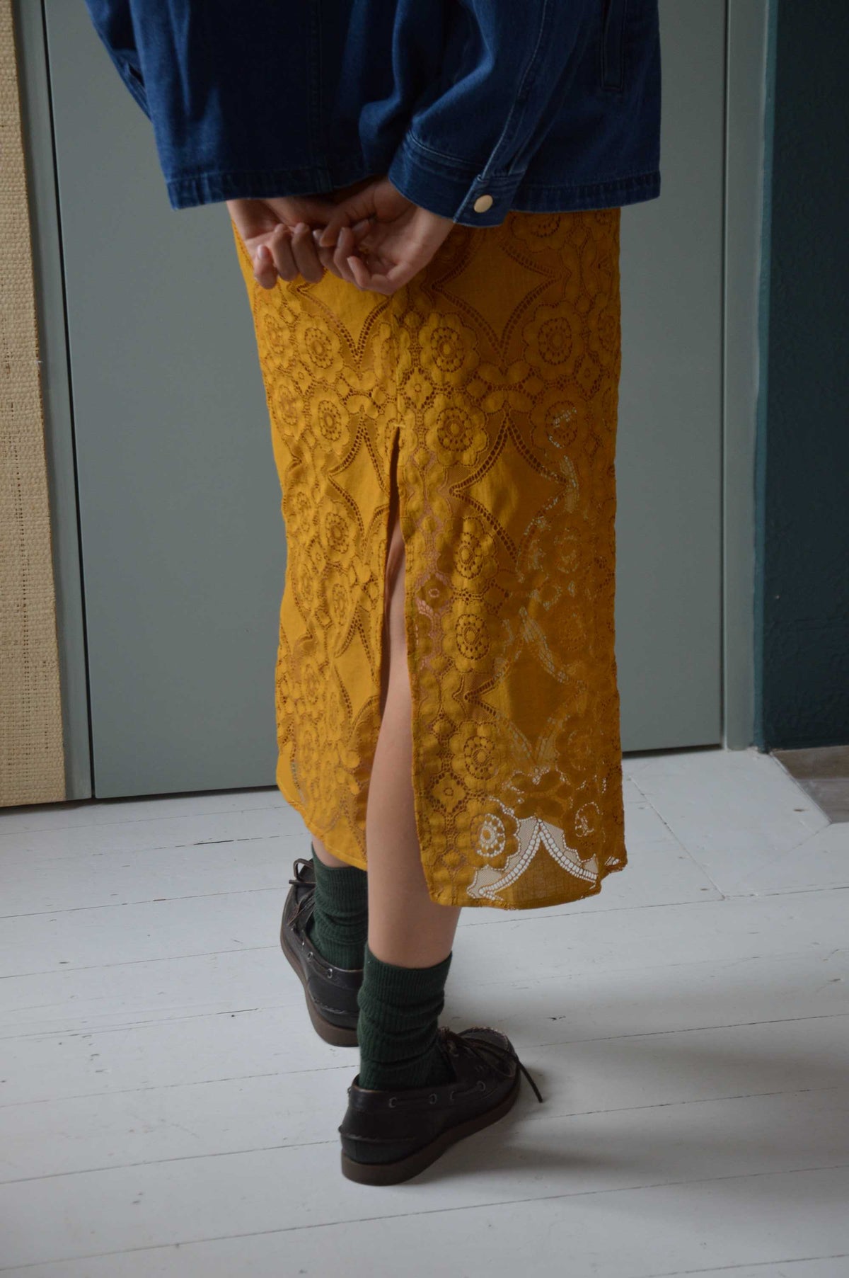 Jupe Jeu de dentelle Vert Moutarde